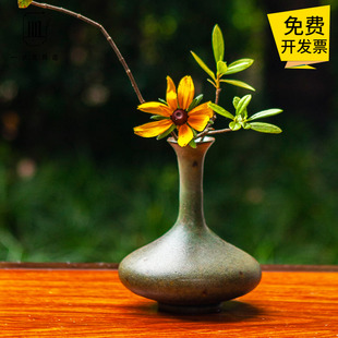 花器禅意器皿茶席日式 手工复古扁肚瓶小花瓶摆件插花陶瓷中式 花道