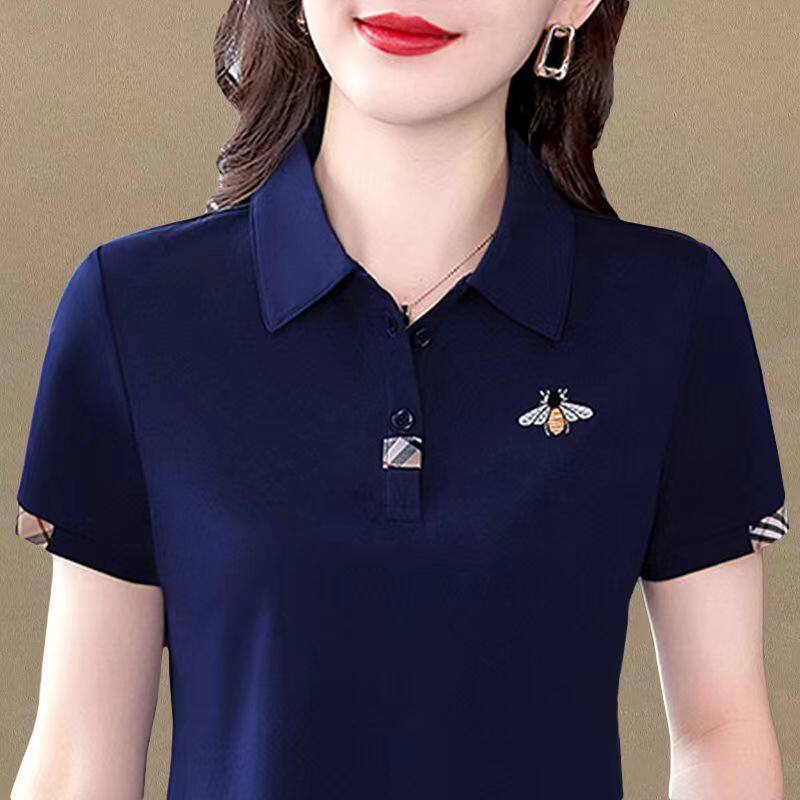 翻领休闲短袖t恤女士夏2023新款polo衫减龄妈妈高档宽松显瘦大方