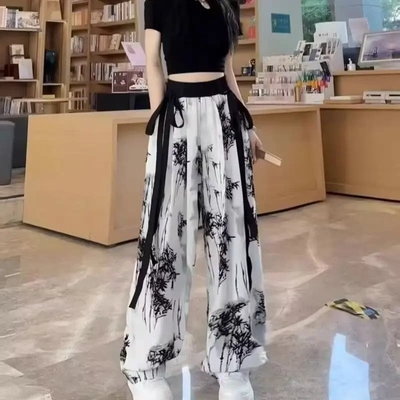 严选水墨画冰丝雪纺阔腿裤女夏季垂感长裤大码宽松飘带休闲直筒裤