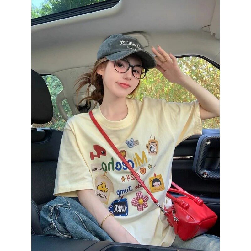 奶黄色印花圆领短袖T恤女202T恤