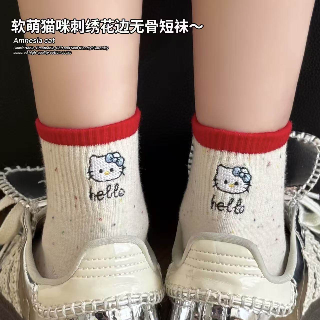 后跟小猫可爱袜子女夏季薄款纯棉中筒袜ins 潮卡通点子纱夏天短袜
