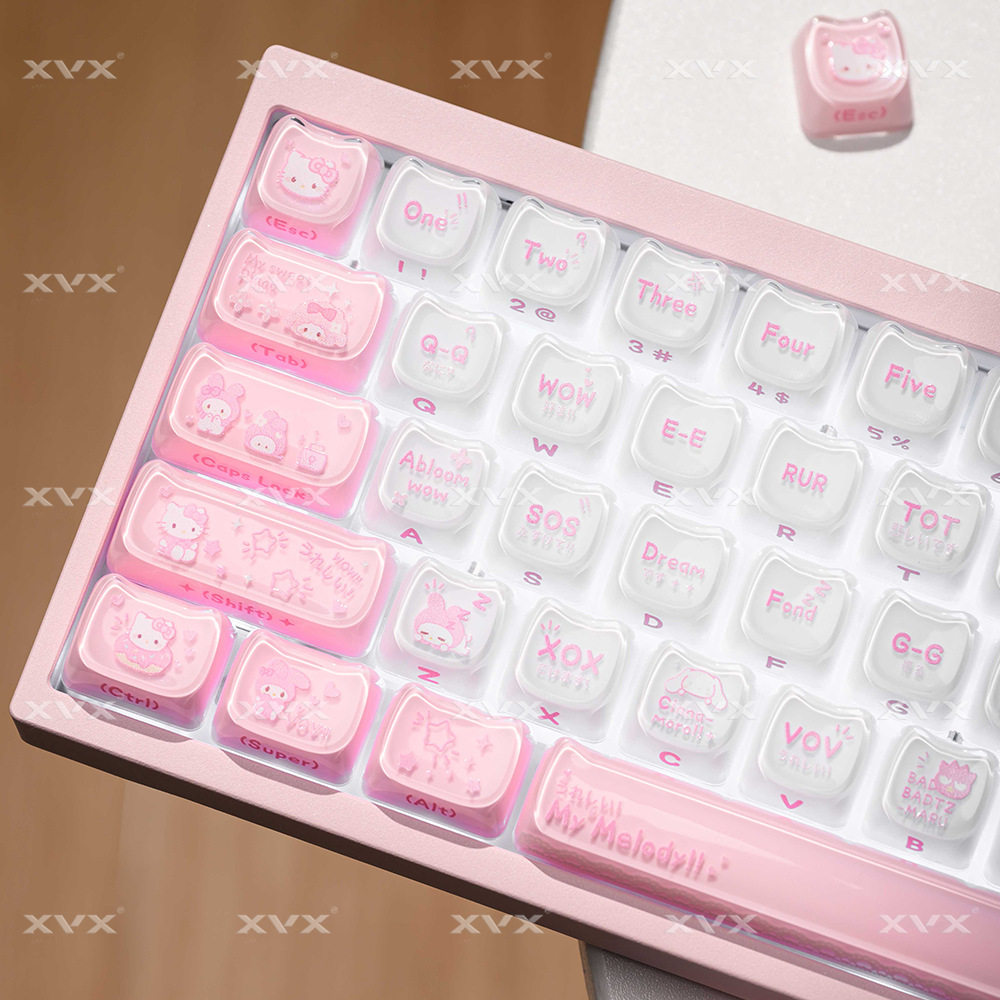 XVX猫猫美乐蒂键帽水晶果冻侧刻MAO粉白可爱女生磁轴机械键盘帽图片