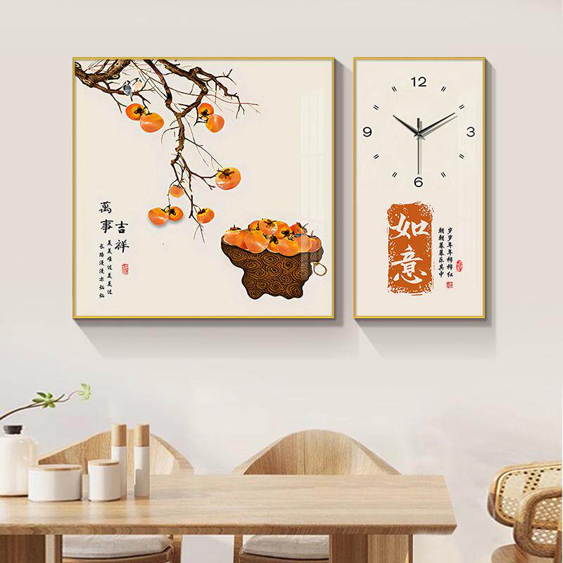 新中式餐厅装饰画带时钟饭厅餐桌背景墙挂画静音创意餐馆厨房挂画