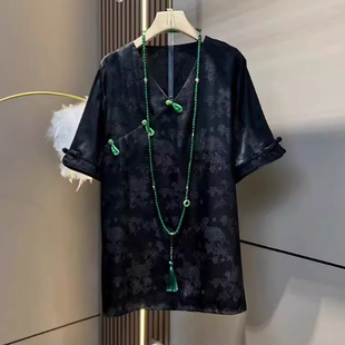 加肥大码女装领斜盘扣暗花国风小衫胖妹妹气质法式洋气百搭上衣