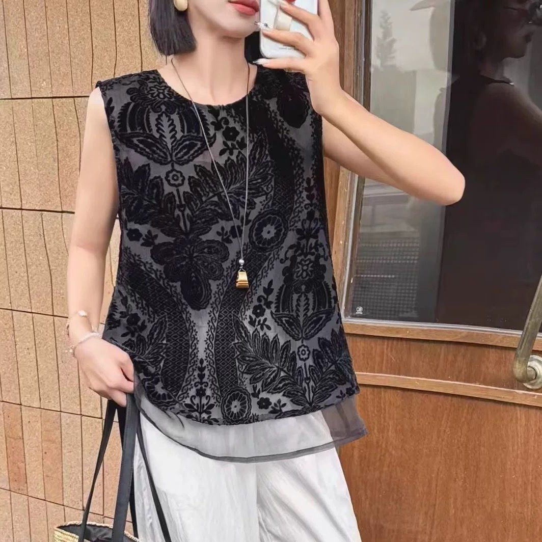 夏季新款大码薄款拼接纱网假两件宽松遮肉显瘦气质胖mm无袖背心女