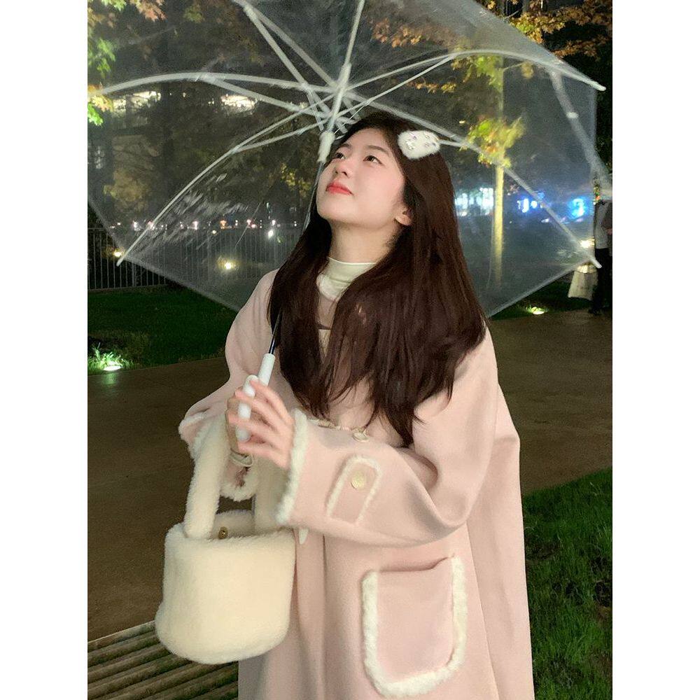 韩系粉色牛角扣呢子大衣女秋冬慵懒可爱高级感宽松毛呢外套2025新