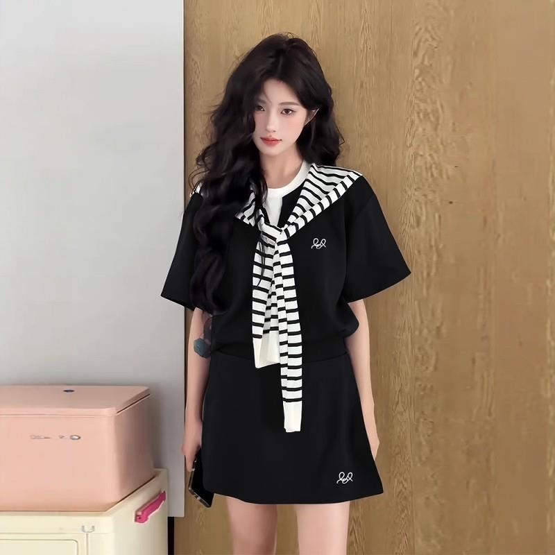 韩系高级感运动服套装女夏季宽松时尚假两件短袖短裙休闲两件套潮