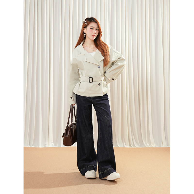 首尔假日英伦风立领收腰风衣女2025秋季韩系简约通勤收腰短款外套
