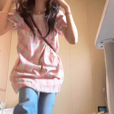 学院风粉色格纹泡泡袖衬衫连衣裙女夏季设计感宽松休闲短款裙子潮