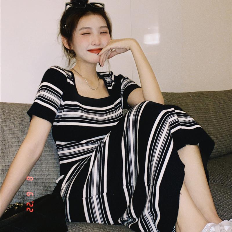 胖妹妹方领条纹短袖针织连衣裙女春夏2025新款宽松中长款T恤裙子