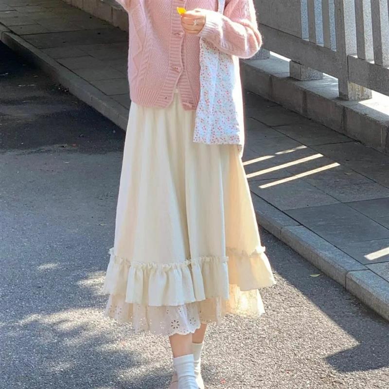 温柔杏色蛋糕裙女2025春夏款新a字裙蕾丝花边半身裙小个子中长款