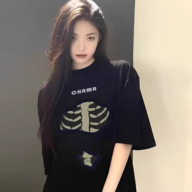 大码纯棉黑色短袖t恤女2025新款夏季正肩美式设计感半袖宽松上衣