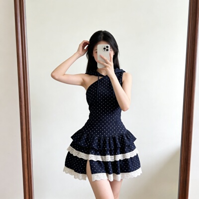 点点繁星 夏季新款韩系财阀千金古着vintage设计感斜肩波点连衣裙