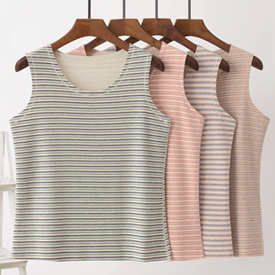 羊毛棉女士保暖背心中老年人内穿弹力德绒圆领条纹妈妈无痕内衣冬