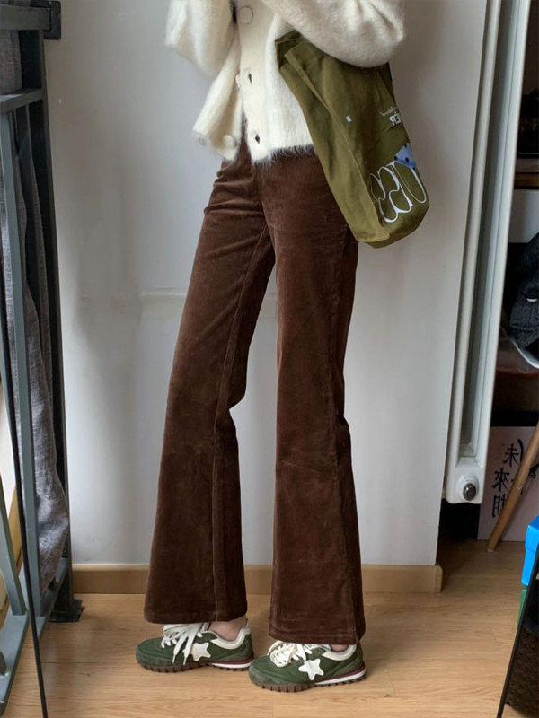 美式覆古咖色灯芯绒微喇裤女装秋冬修身显瘦窄版休闲九分阔腿裤子,女装/女士精品,休闲裤,淘宝优惠券,粉丝福利购,淘宝优惠卷