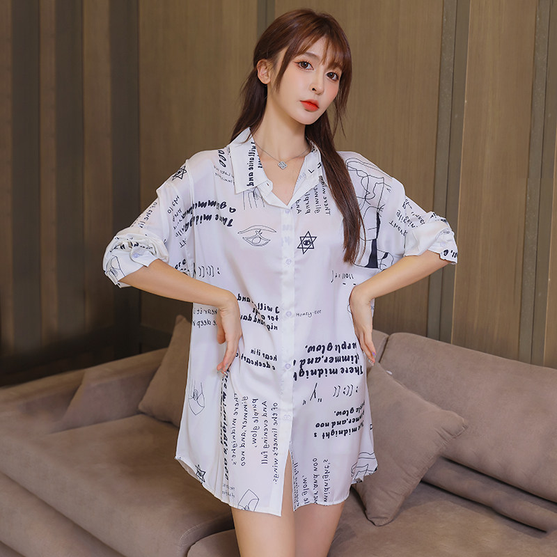 长袖衬衫睡衣冰丝女春秋2021年新款家居服男友风长款雪纺衬衣睡裙