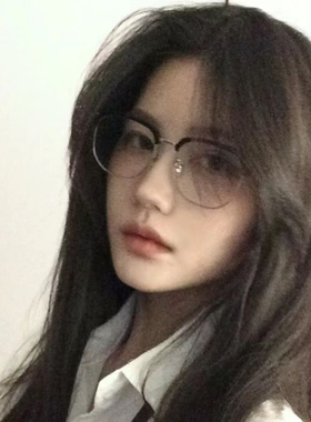 韩版复古方形半框眉毛透明灰色防蓝光近视眼镜可配度数圆脸高智感