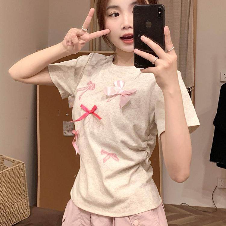 蝴蝶结正肩圆领短袖t恤女夏季薄款女生小个子修身显瘦短款上衣服