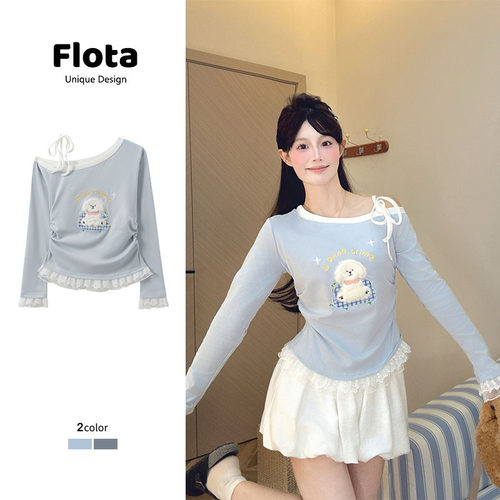 【flota】甜美蕾丝花边长袖女绑带斜领t恤收腰短款内搭上衣3056