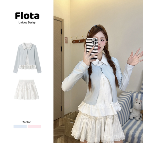【flota】甜美风假两件Polo领荷叶边长袖设计感正肩短款上衣2906