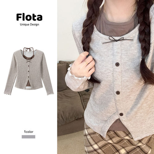 【flota】挂脖假两件针织女2025冬季新款加绒保暖长袖T恤上衣3073