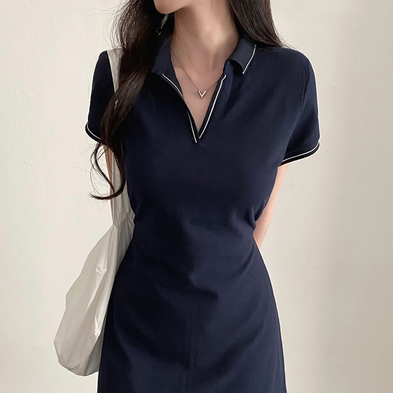 Polo连衣裙女夏季2024新款法式高级感休闲收腰显瘦直筒短袖t恤裙