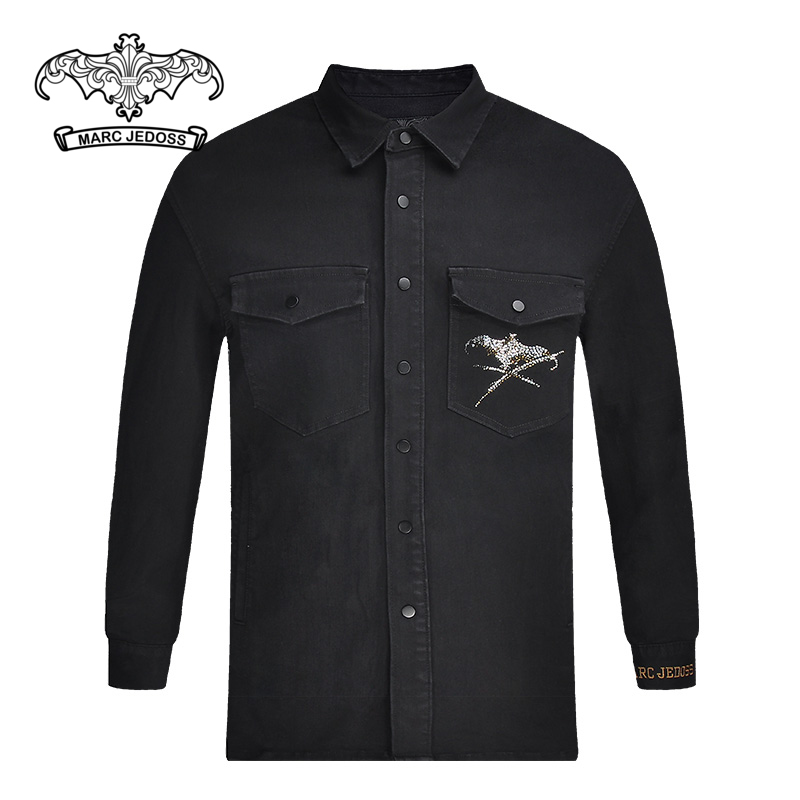 烫钻黑色牛仔长袖衬衫爵迪斯