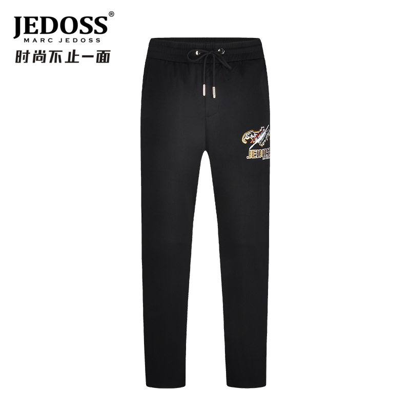 JEDOSS/爵迪斯男装夏季新款logo串珠黑色直脚针织休闲裤薄107