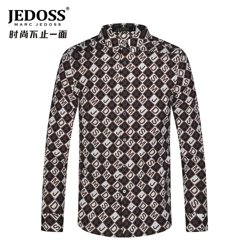 格子字母满印花长袖衬衫爵迪斯