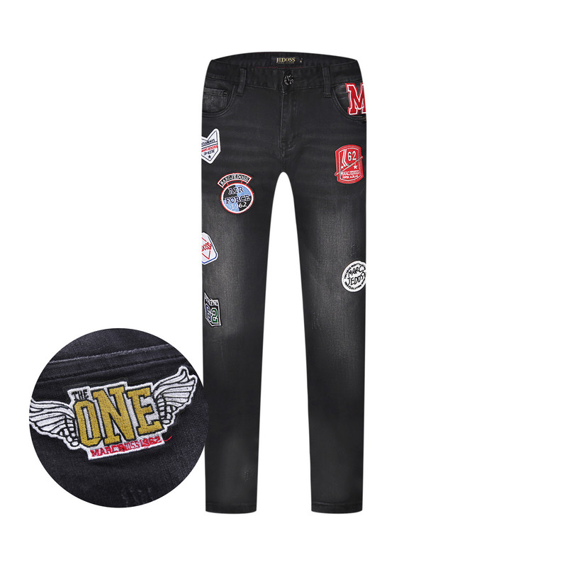 JEDOSS/爵迪斯男装夏季新款章仔贴布刺绣黑色牛仔裤长裤SX063