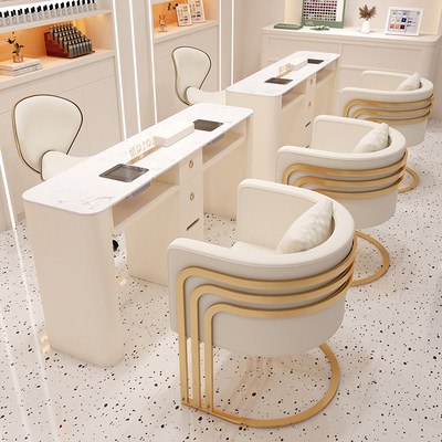 中闽芸尚高端奶油风美甲桌椅套装大理石桌面自带吸尘器插座修甲台