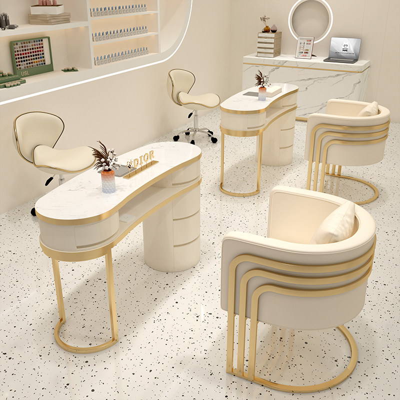 中闽芸尚高端奶油风美甲桌椅套装大理石桌面自带吸尘器插座修甲台