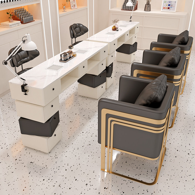 中闽芸尚高端奶油风美甲桌椅套装大理石桌面自带吸尘器插座修甲台
