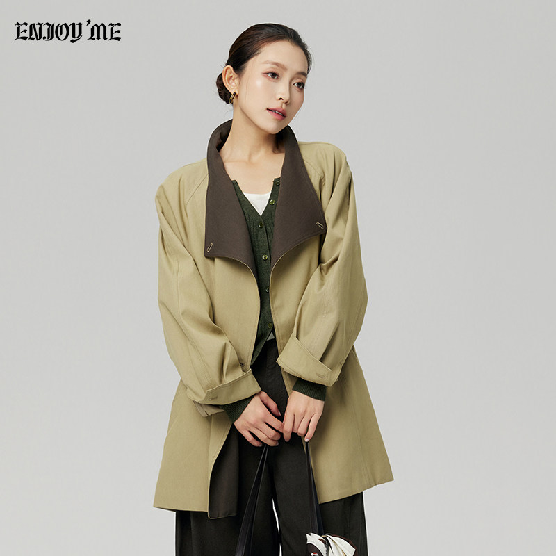 ENJOY商场同款韩系撞色风衣女中长款秋冬新款翻领卡其色时尚外套