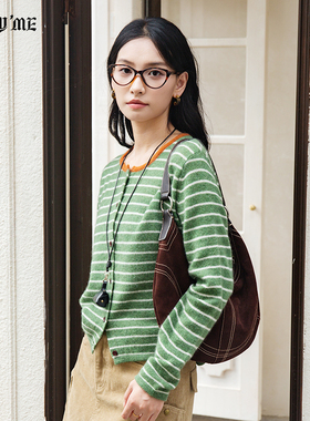 ENJOYME商场同款韩系条纹撞色开衫女秋冬小个子保暖上衣ER-25188