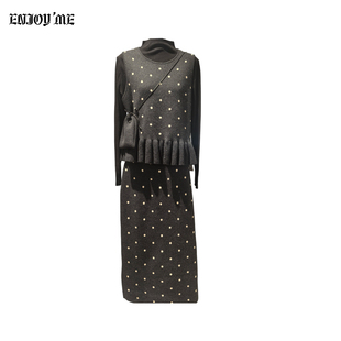 ENJOYME商场同款波点针织裙装三件套女2026春季黑色立领上衣套装