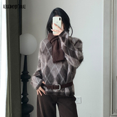 ENJOY门店同款 菱格纹圆领套头毛衣女冬季 加厚宽松咖啡色针织上衣