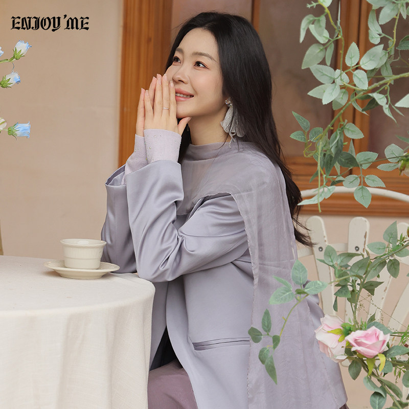 ENJOYME商场同款气质光感西装外套女2026春季薄纱围巾紫色上衣