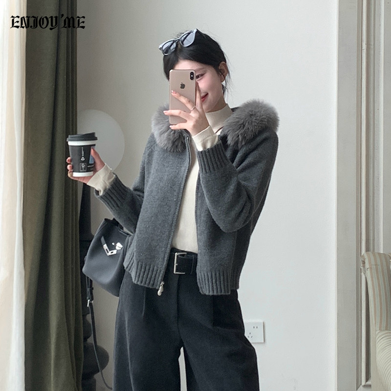 ENJOYME商场同款韩版狐狸毛领连帽针织开衫女冬季小个子毛毛外套,女装/女士精品,毛针织衫,淘宝优惠券,粉丝福利购,淘宝优惠卷