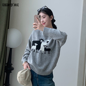 ENJOY 上衣 宽松套头灰色针织衫 商场同款 童趣风小羊卡通毛衣女冬季