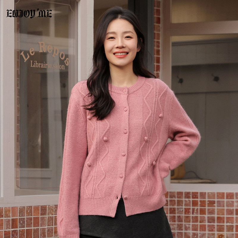 ENJOYME商场同款糖球圆领针织开衫女2025冬季单排扣保暖长袖上衣
