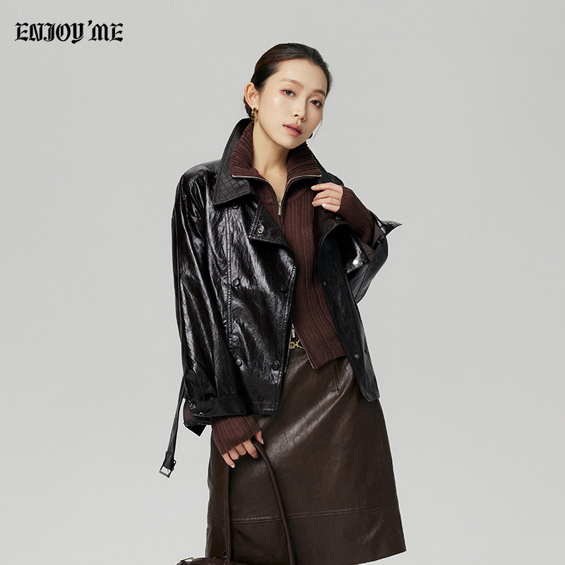 ENJOYME黑色短款机车风皮衣女