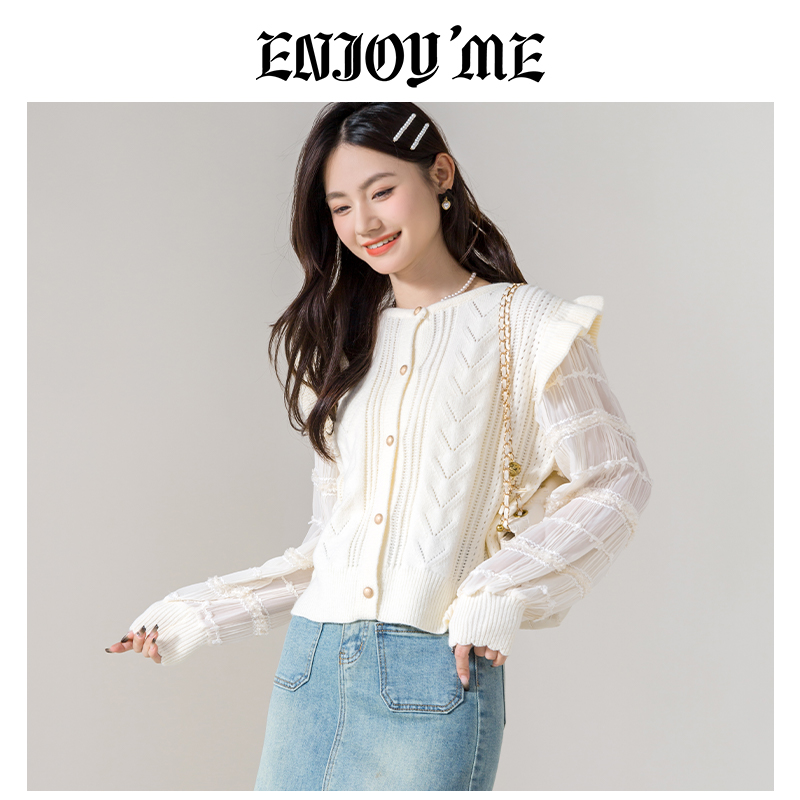 ENJOYME法式圆领花边针织开衫