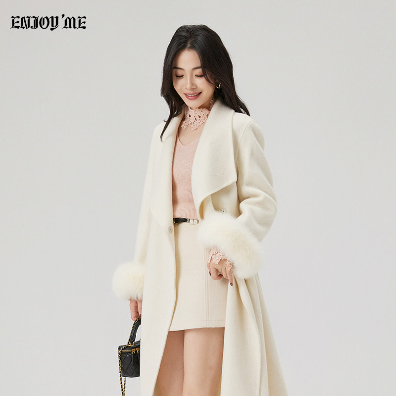 ENJOYME商场同款翻领狐狸毛袖大衣女长款冬季高级感气质显瘦外套