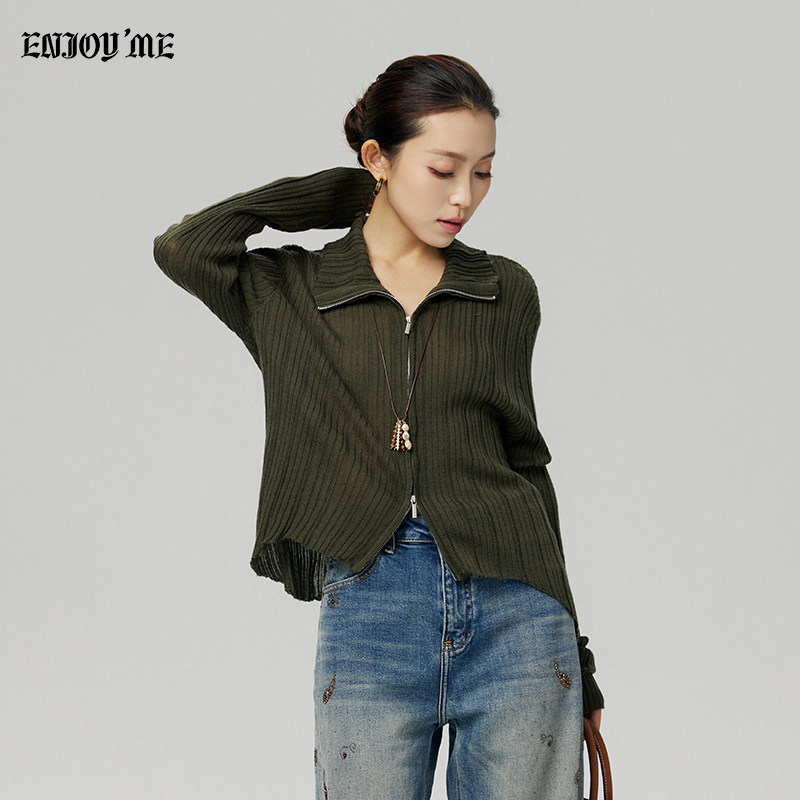 ENJOY商场同款修身拉链针织开衫女秋季翻领百搭显瘦绿色上衣外套