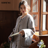 ENJOYME商场同款 领口钉珠精致大衣女2025冬季 绵羊毛保暖圆领外套