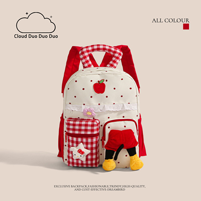 高颜值红色格子卡通学生双肩背包