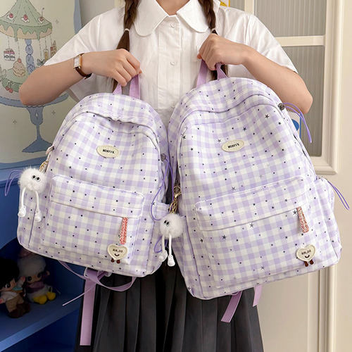 日系格纹星星大容量女学生双肩包