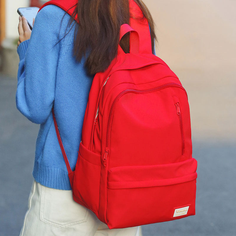 书包女高中大学生韩版简约大容量红色双肩包轻便休闲旅行电脑背包
