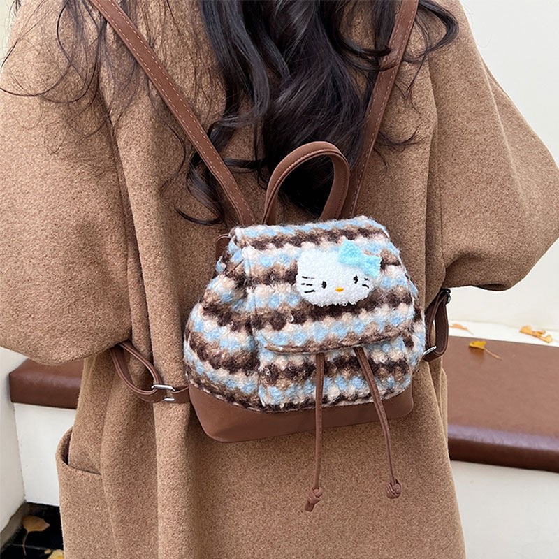 韩版复古毛绒凯蒂猫双肩包包女小众设计百搭可爱抽绳格子小狗背包,箱包皮具/热销女包/男包,双肩背包,淘宝优惠券,粉丝福利购,淘宝优惠卷